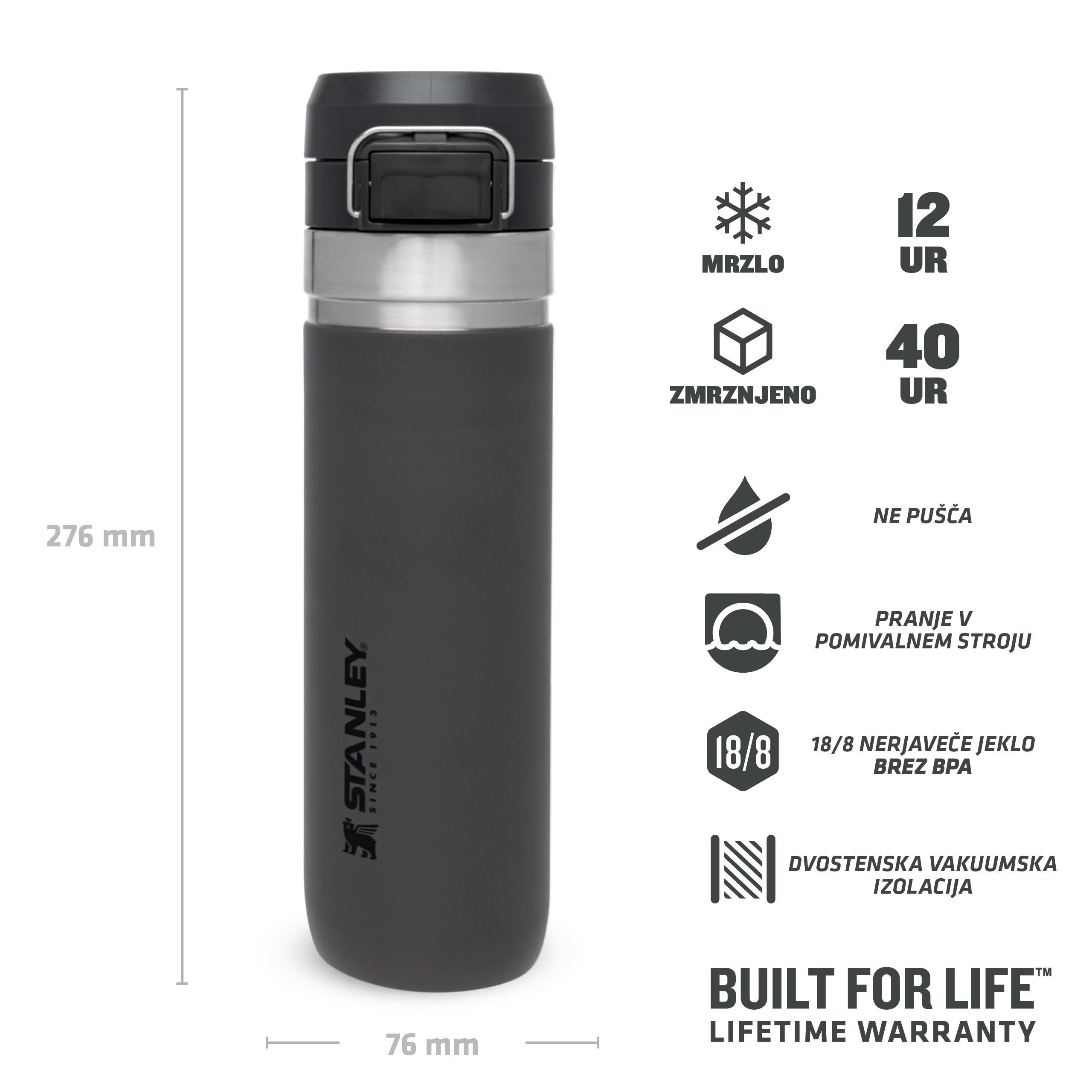 Stanley QUICK FLIP WATER BOTTLE 0,7L, alu termos boca kamp, siva